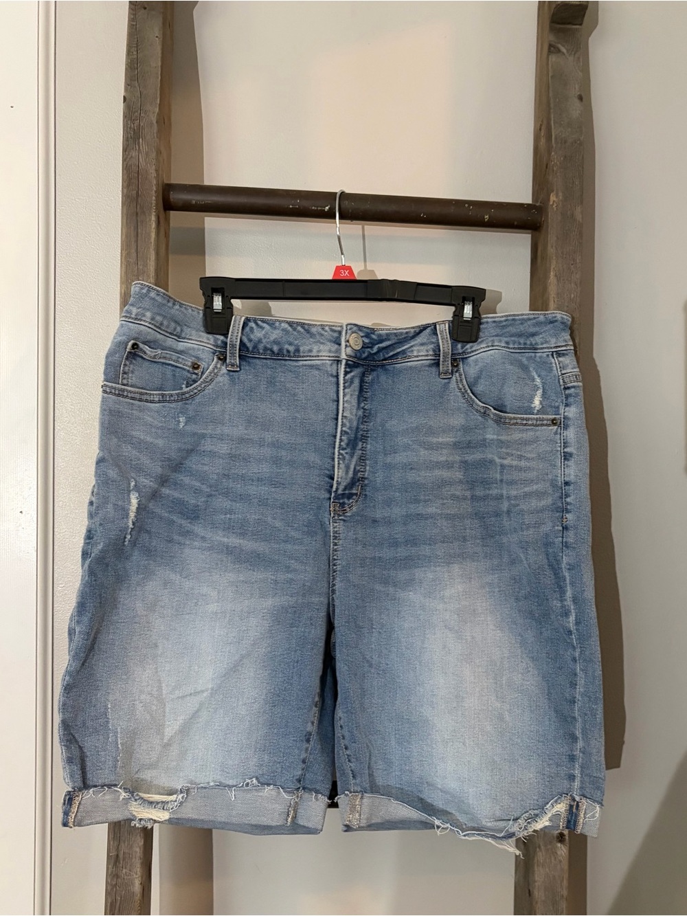Terra & Sky Light Blue Distressed Denim Bermuda Shorts
